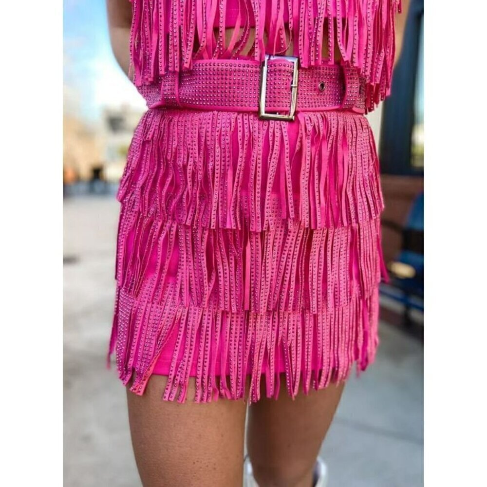 Spotlight Stealer Rhinestone Fringe Mini Skort Fuchsia - Picture 8 of 10